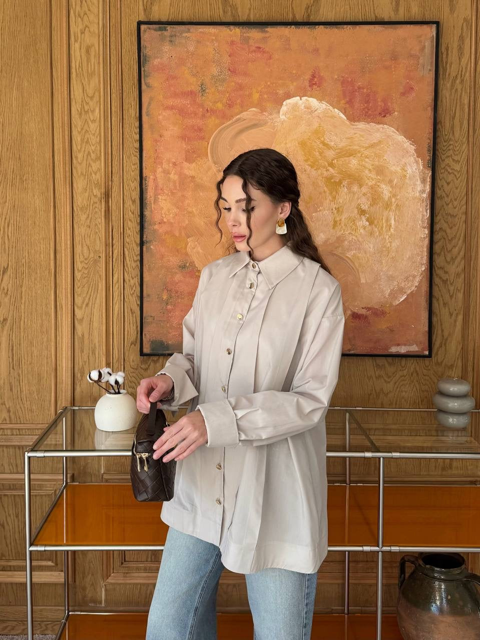 Beige Shirt with Gold Buttons
