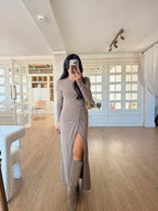 Beige - lycra draped dress