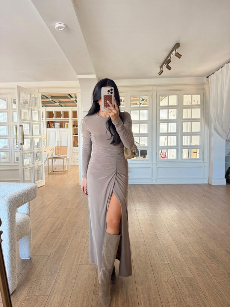 Beige - lycra draped dress