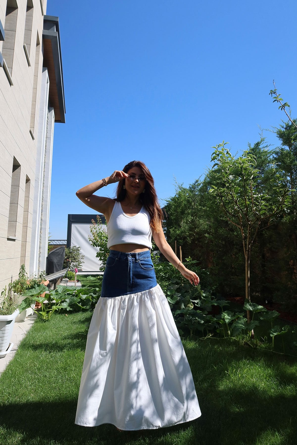 Denim Top - Poplin Bottom Skirt