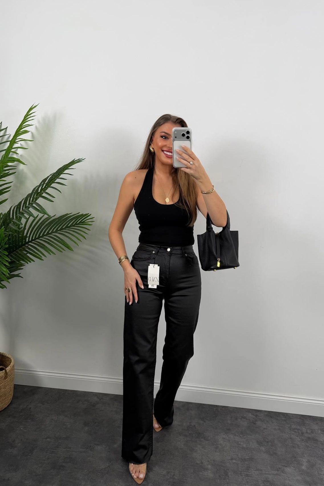 Straight cut Leather-like jeans