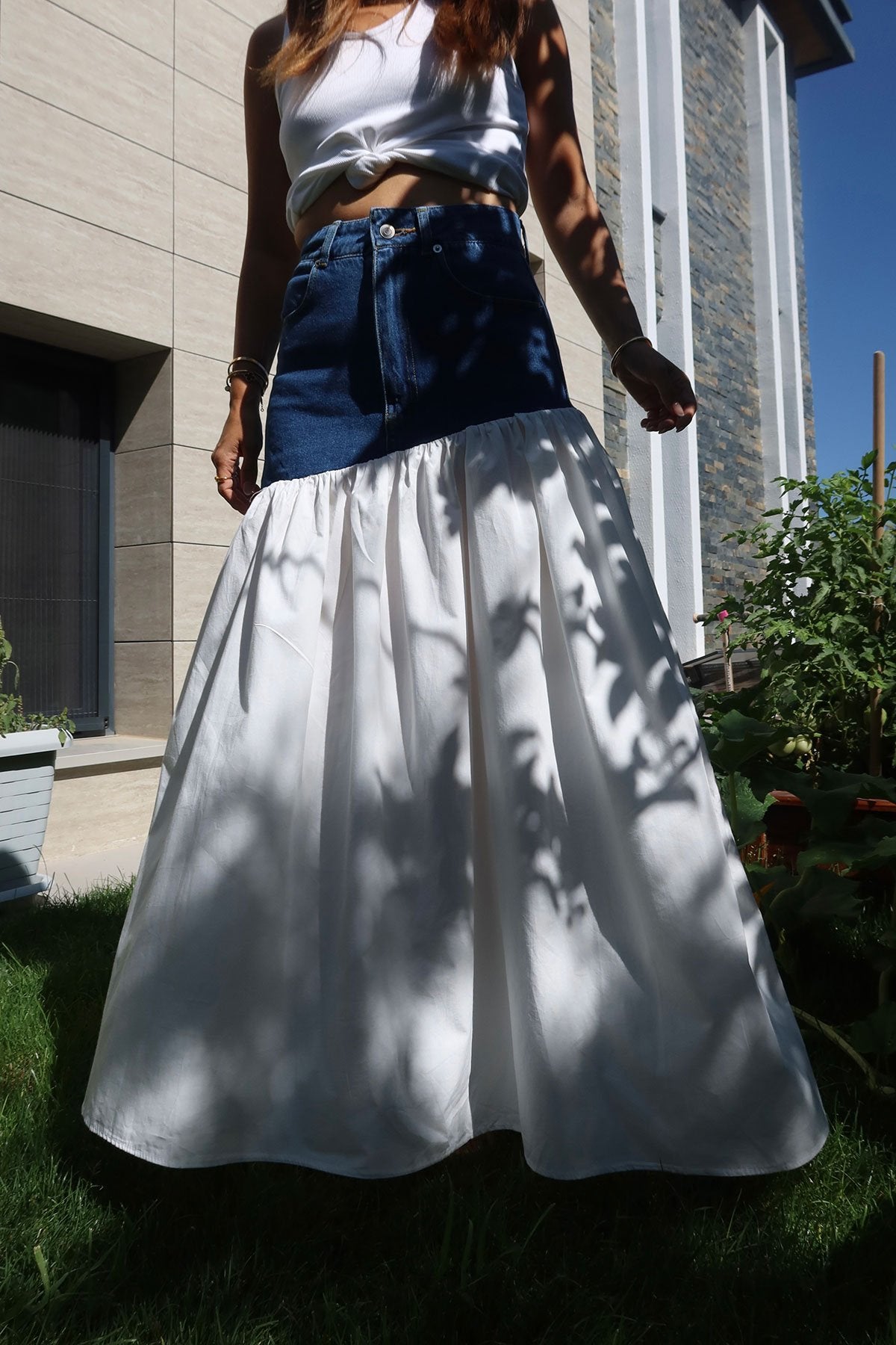 Denim Top - Poplin Bottom Skirt