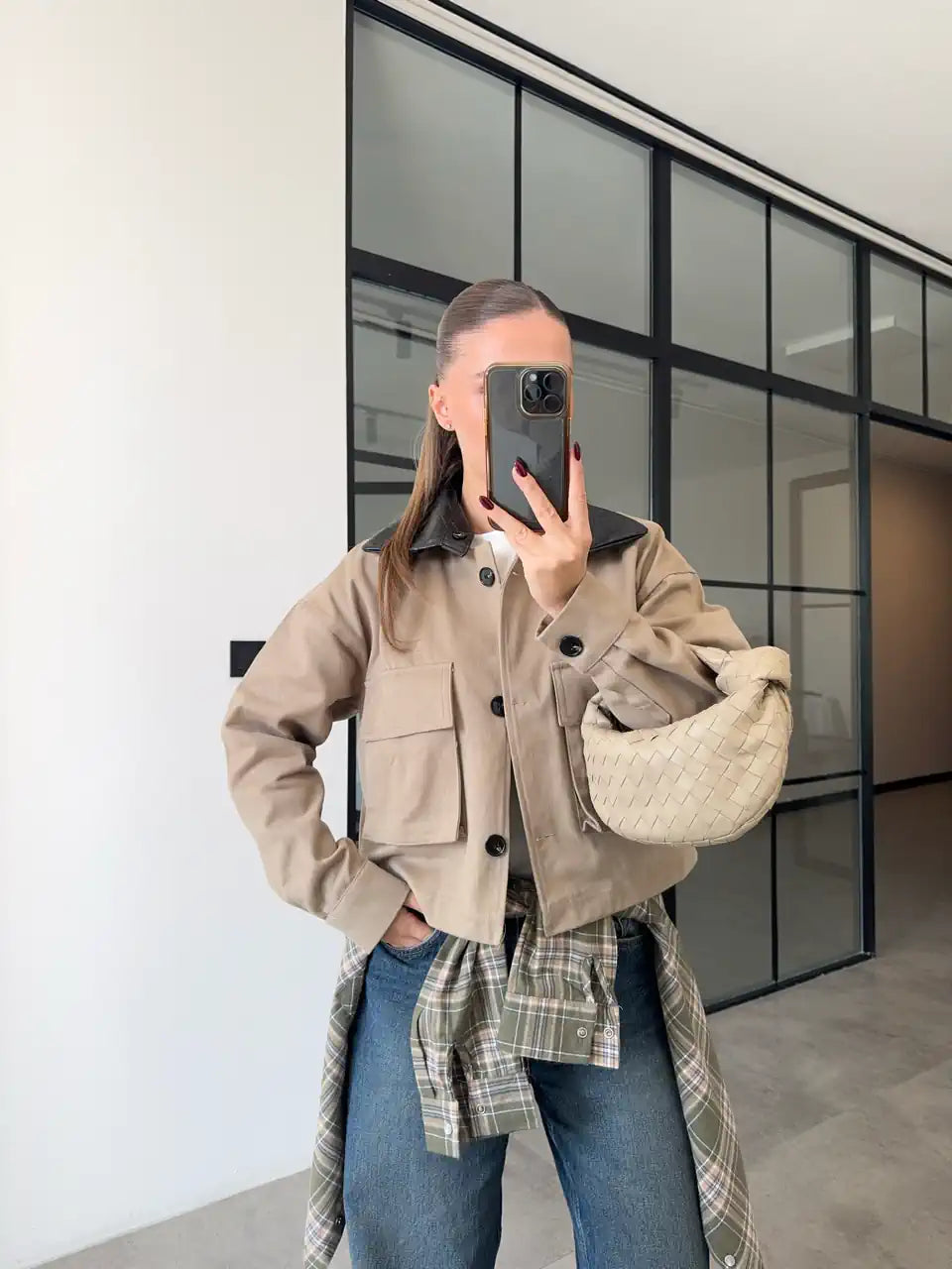 Beige Jacket with Leather Collar