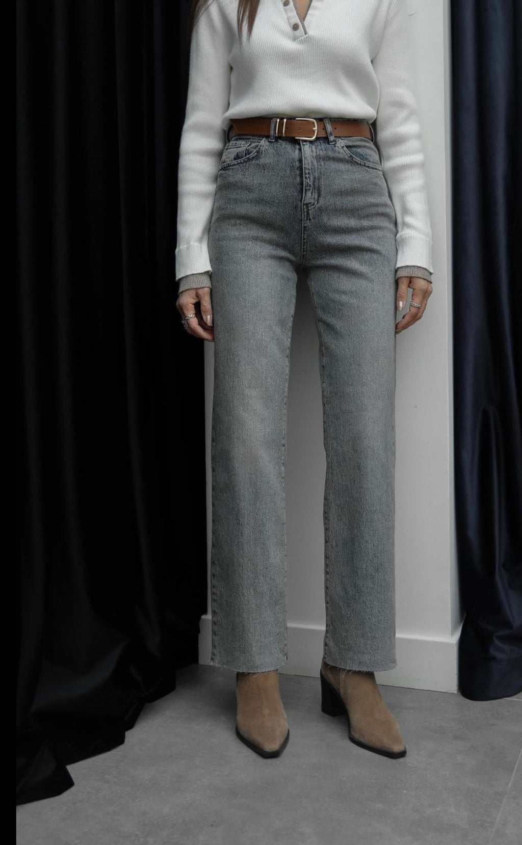 Belted Greyish Mom Jeans