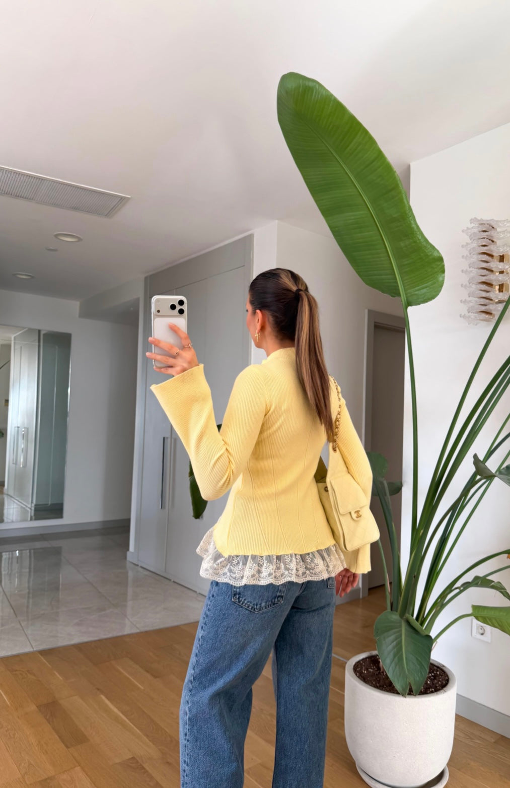 Lace-Detailed Cardigan - Yellow