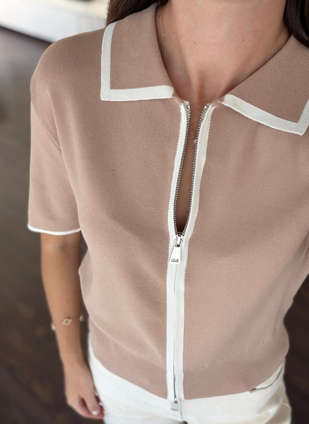 Zip Knit Top - Beige