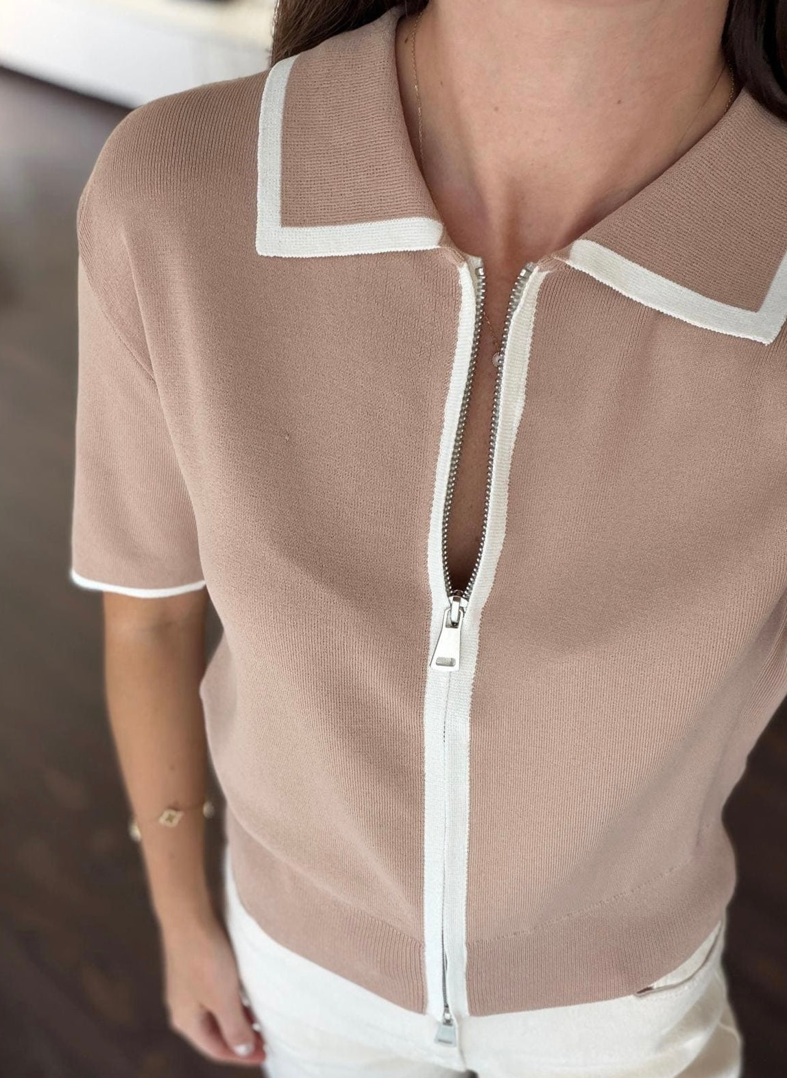 Zip Knit Top - Beige