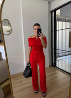 Draped Off-Shoulder Set - Red