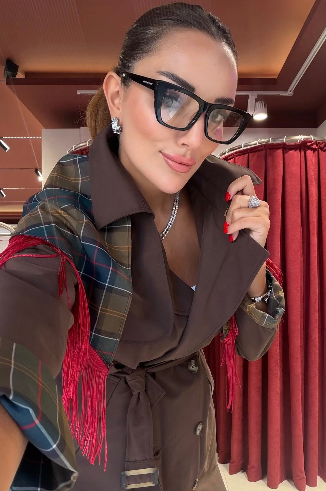 Plaid Detail Trench - Brown