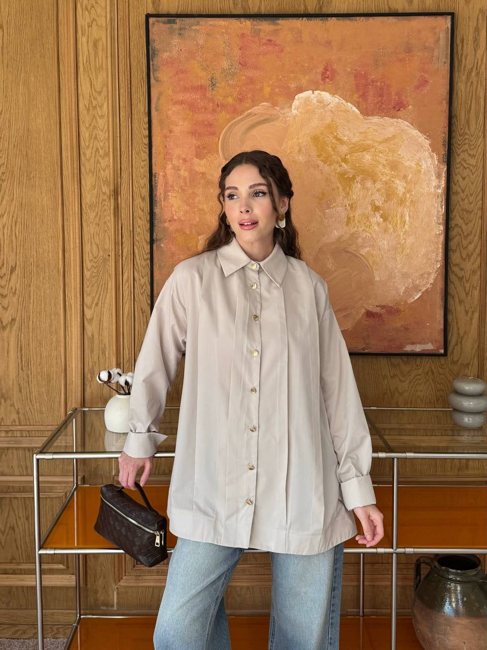 Beige Shirt with Gold Buttons
