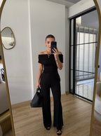 Draped Off-Shoulder Set - Black