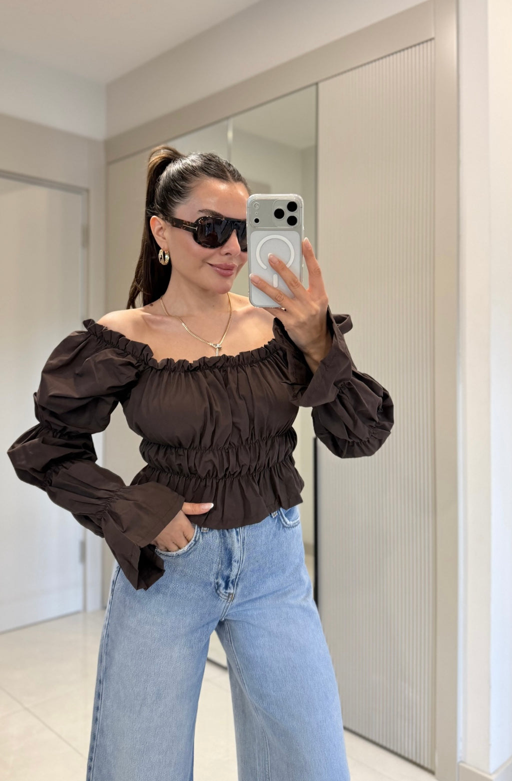 Puff-Sleeve Top - Brown