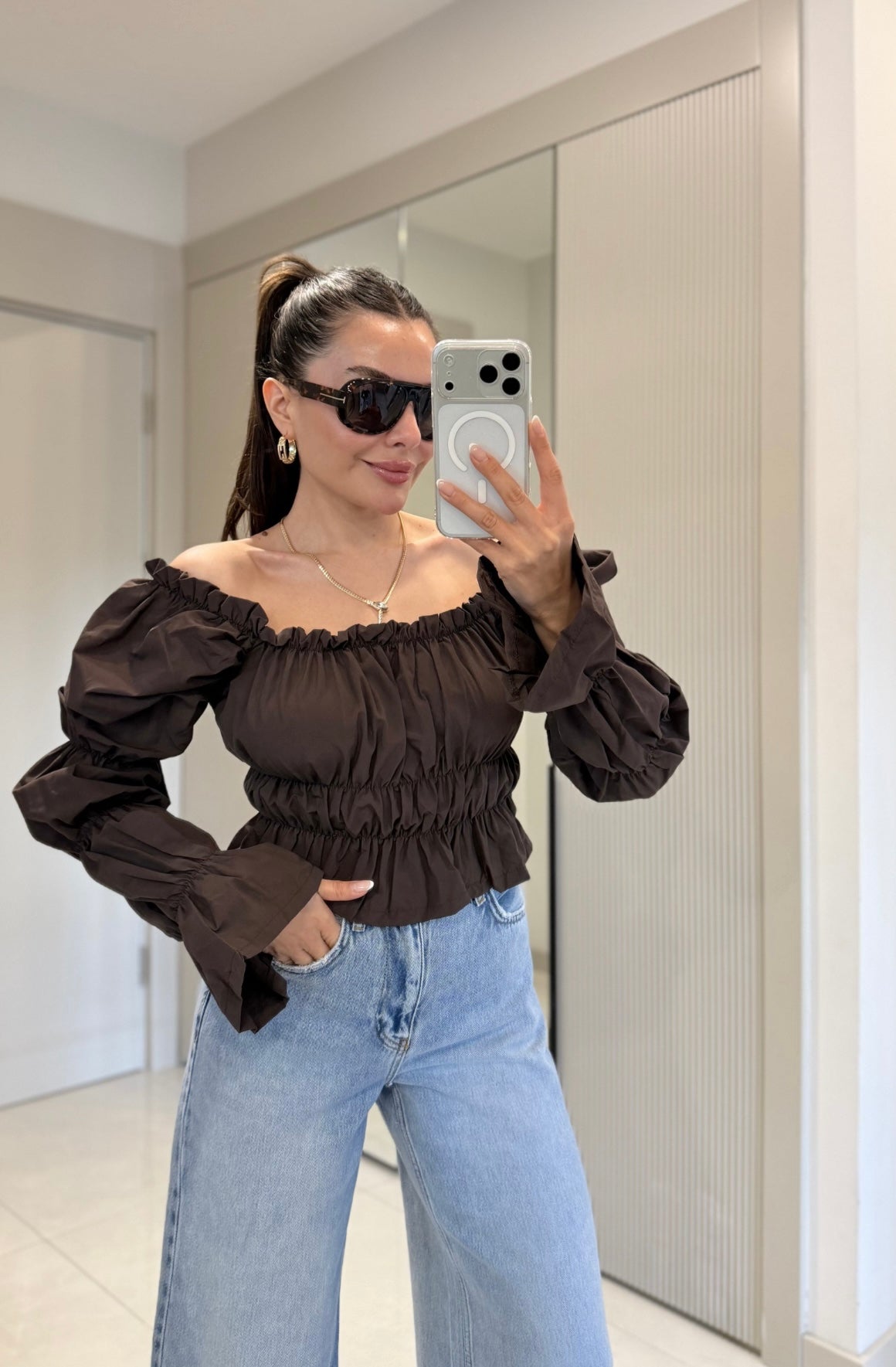 Puff-Sleeve Top - Brown