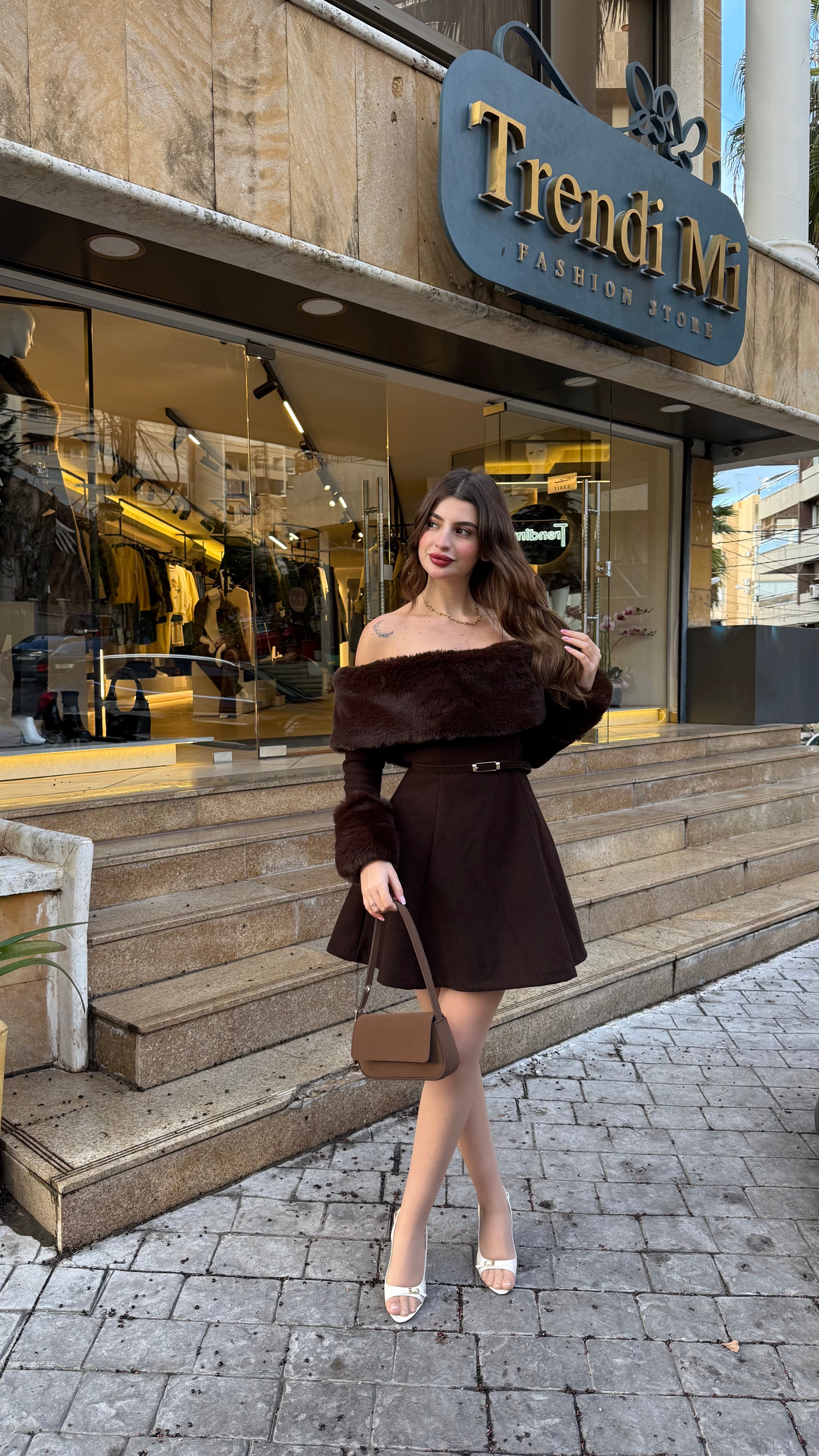 Brown Fur Detailed Dress