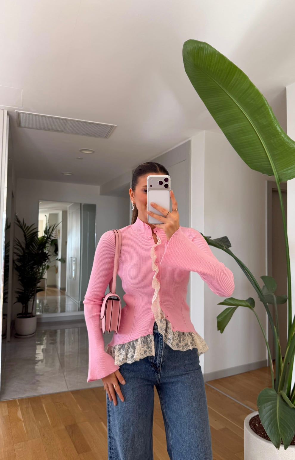 Lace-Detailed Cardigan - Pink