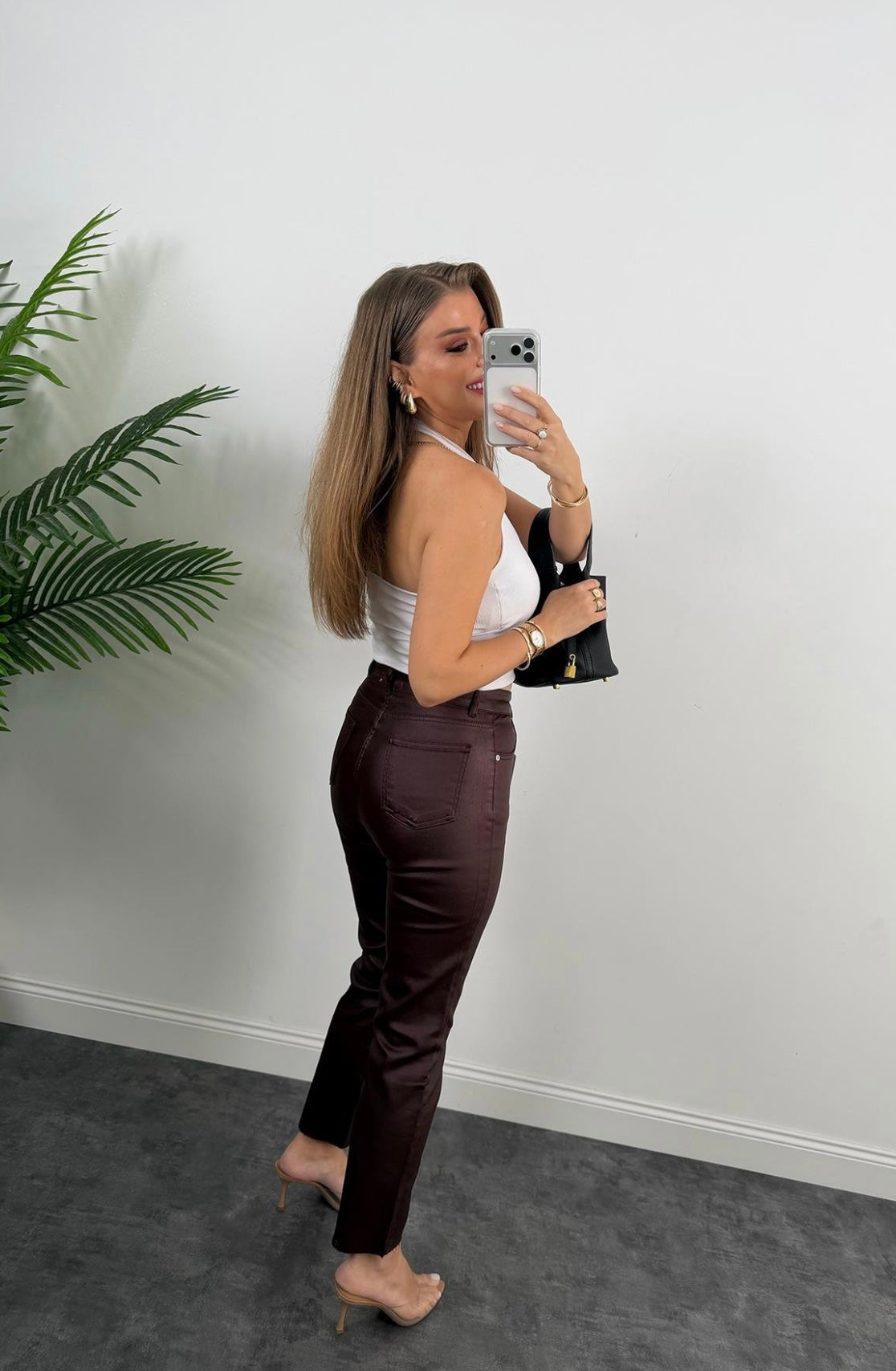 Leather-like burgundy jeans