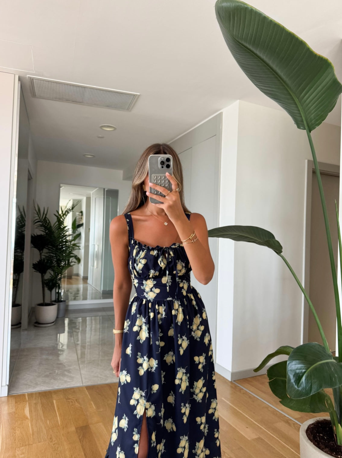Navy blue lemon print dress
