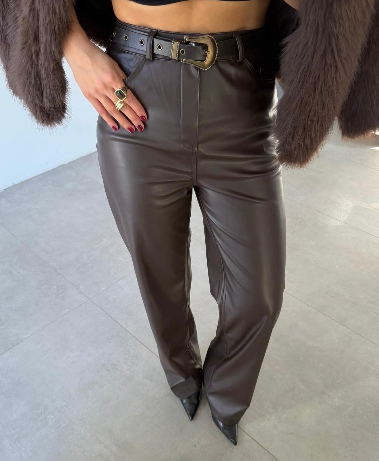 Brown Palazzo Leather Pants