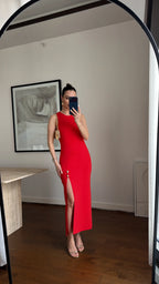 Midi Dress With Slit - Red