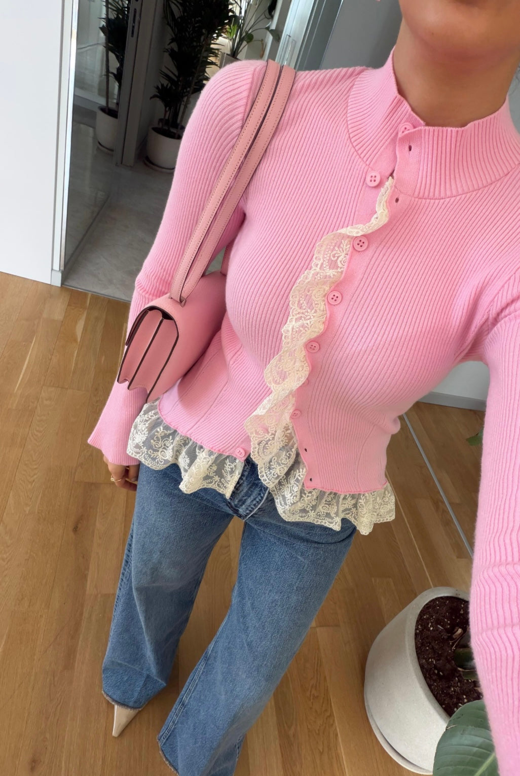 Lace-Detailed Cardigan - Pink
