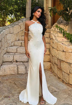 Halter Neck Stone-Embroidered Slit Dress
