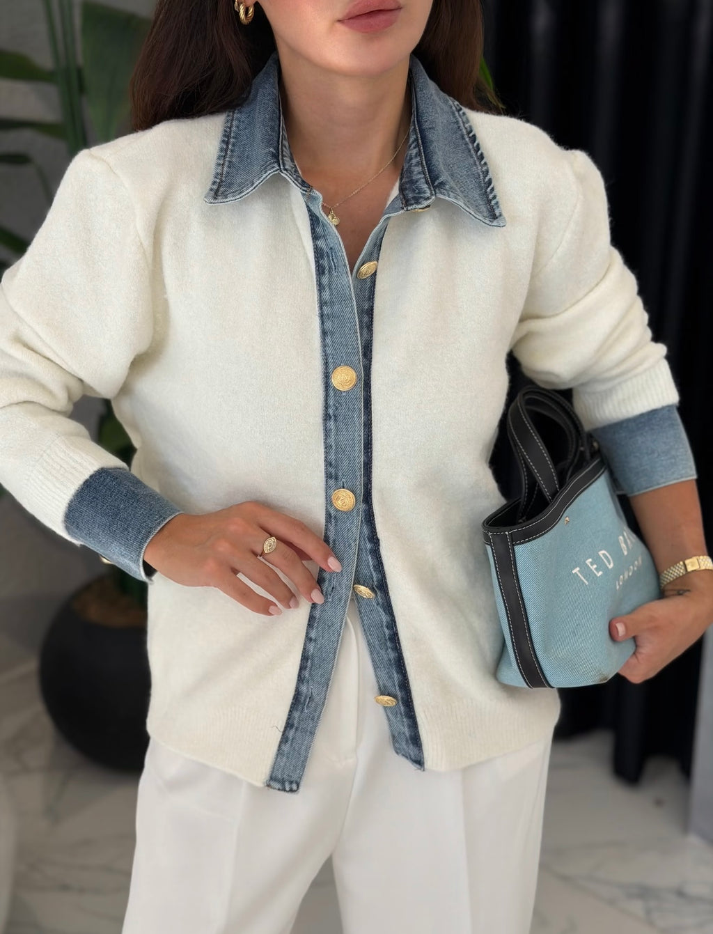 Denim Detail Knit Cardigan - Ecru