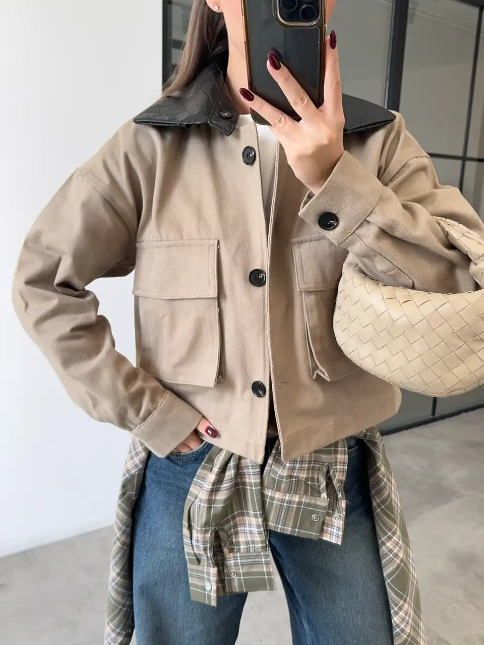 Beige Jacket with Leather Collar