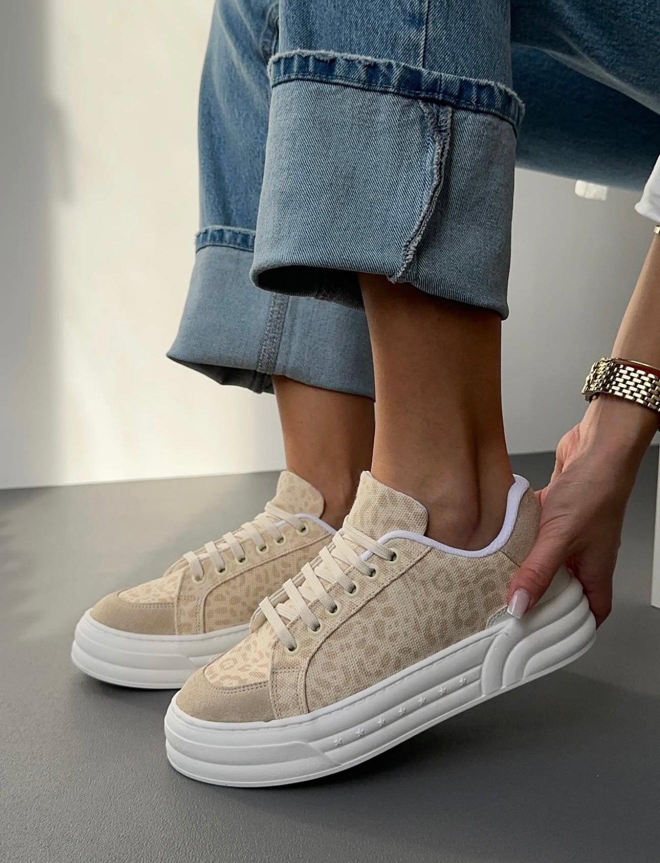 Beige Leo Print Sneakers