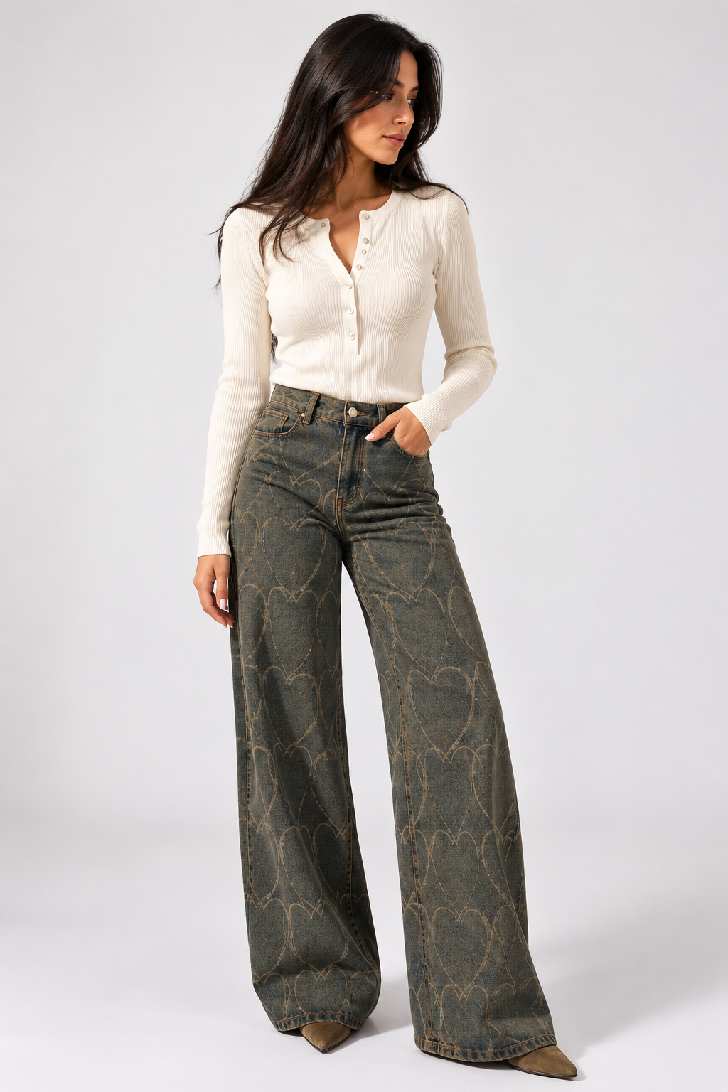 Heart Print Wide-Leg Jeans