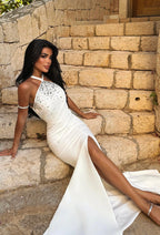 Halter Neck Stone-Embroidered Slit Dress