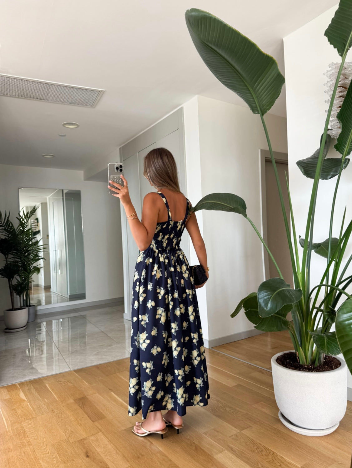Navy blue lemon print dress