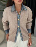 Denim Detail Knit Cardigan - Beige
