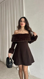 Brown Fur Detailed Dress