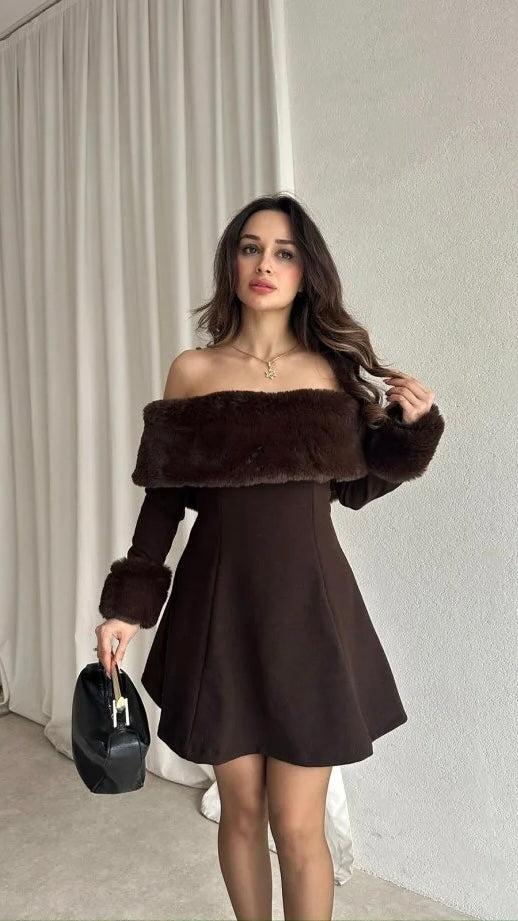 Brown Fur Detailed Dress
