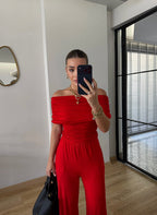 Draped Off-Shoulder Set - Red