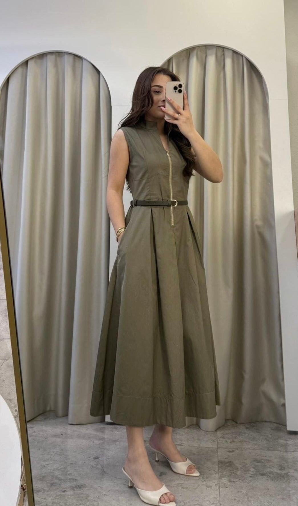 Khaki Dress with Zipper Detail