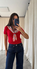 Red Scarf Knit Top