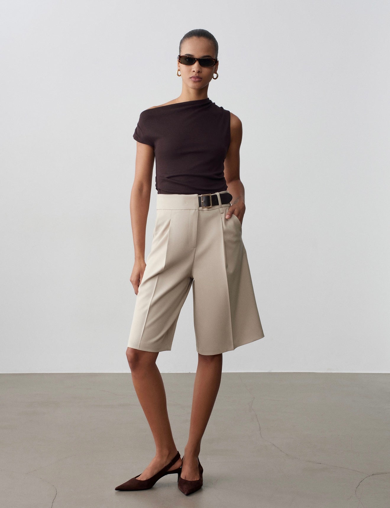 Beige Belted Shorts