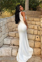 Halter Neck Stone-Embroidered Slit Dress