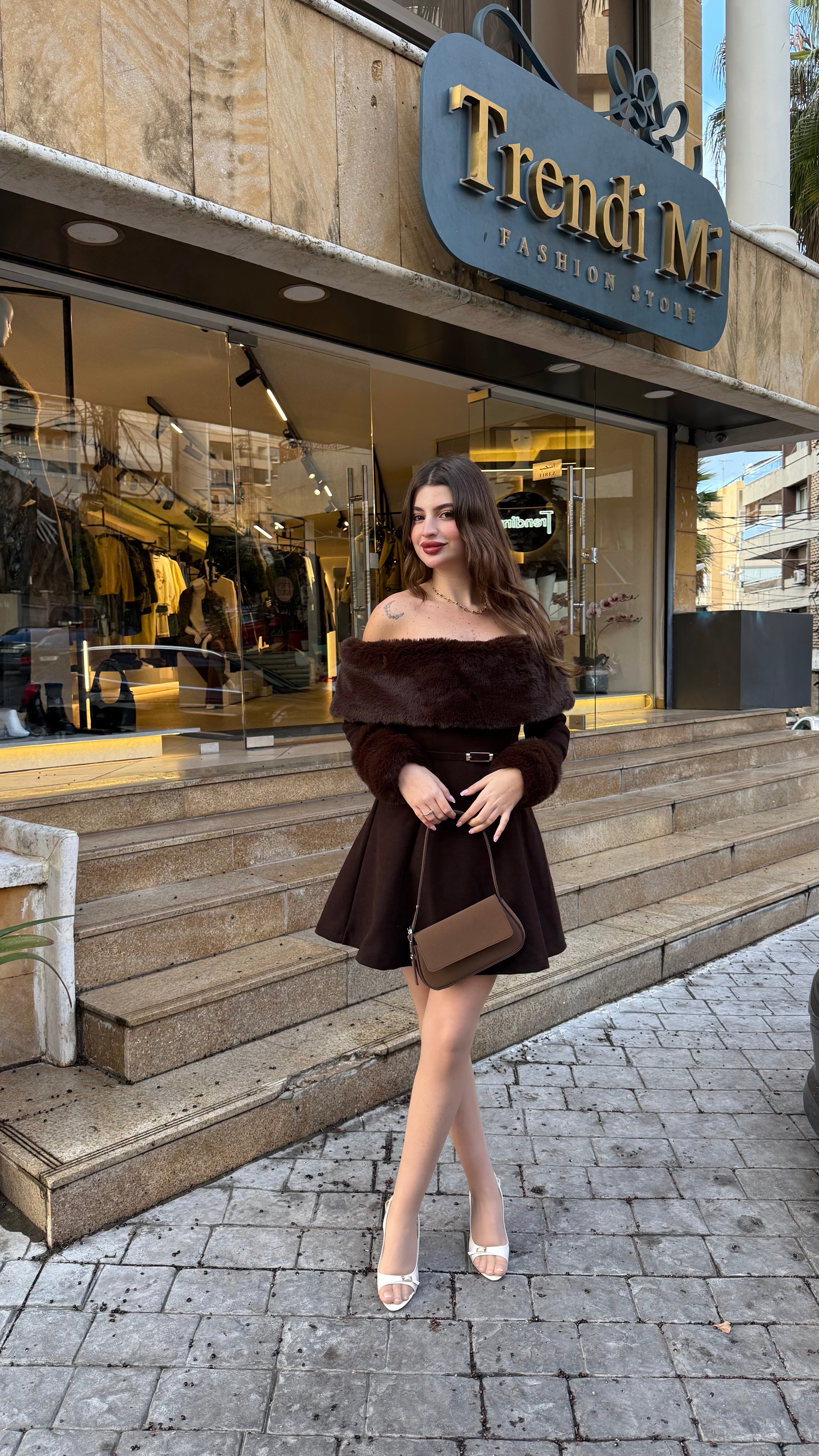 Brown Fur Detailed Dress