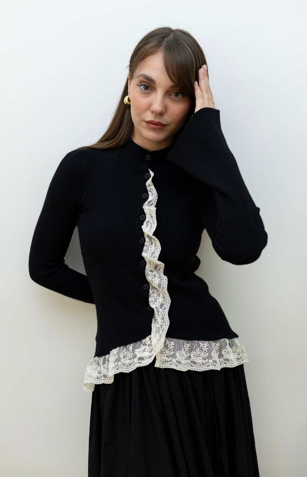 Lace-Detailed Cardigan - Black