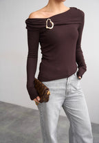 Brown off-shoulder buckled yop