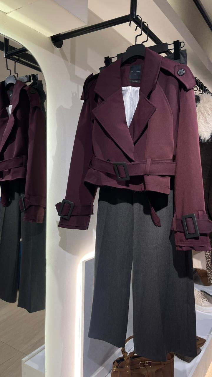 Cropped Trench Coat - Burgundy