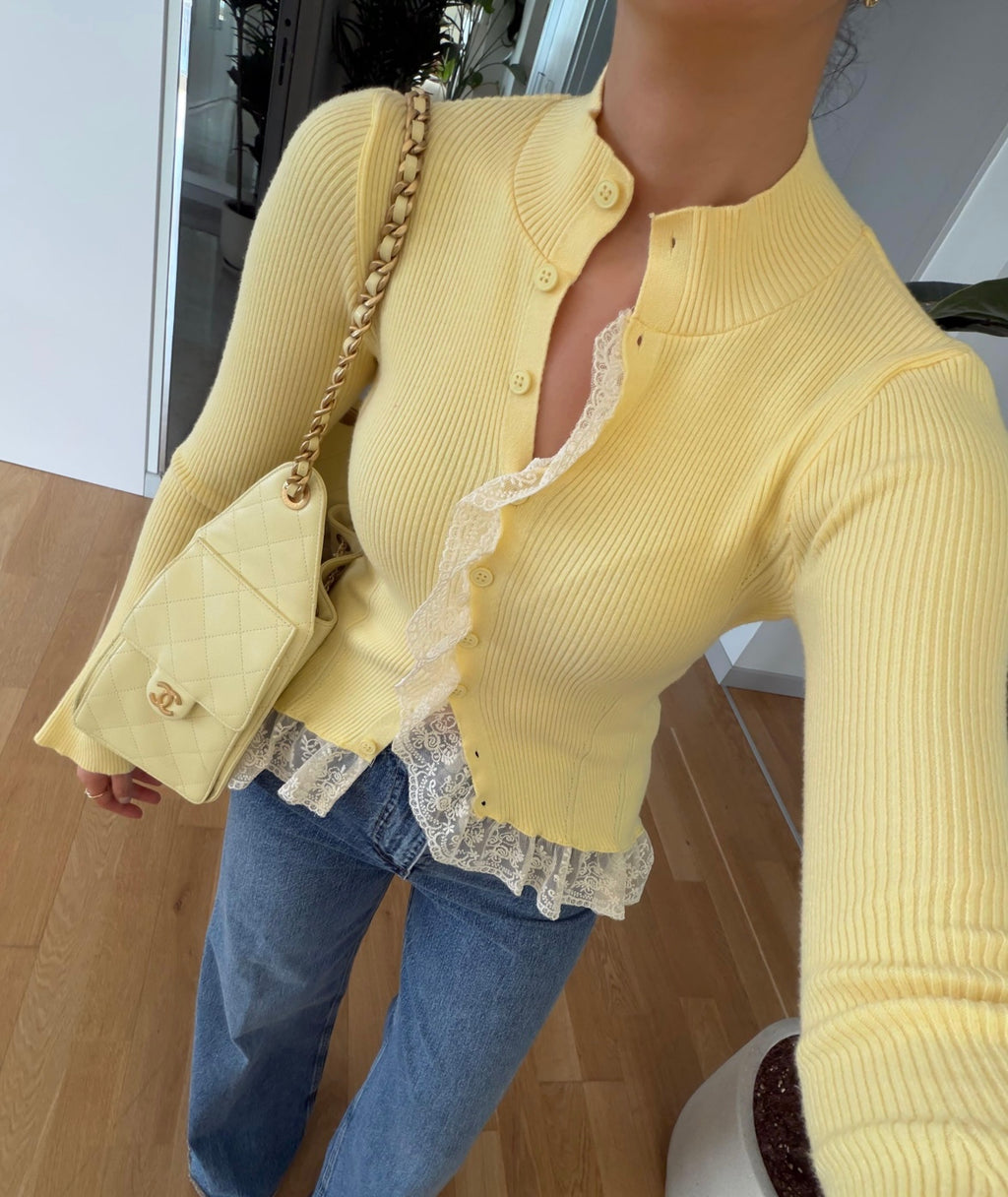 Lace-Detailed Cardigan - Yellow