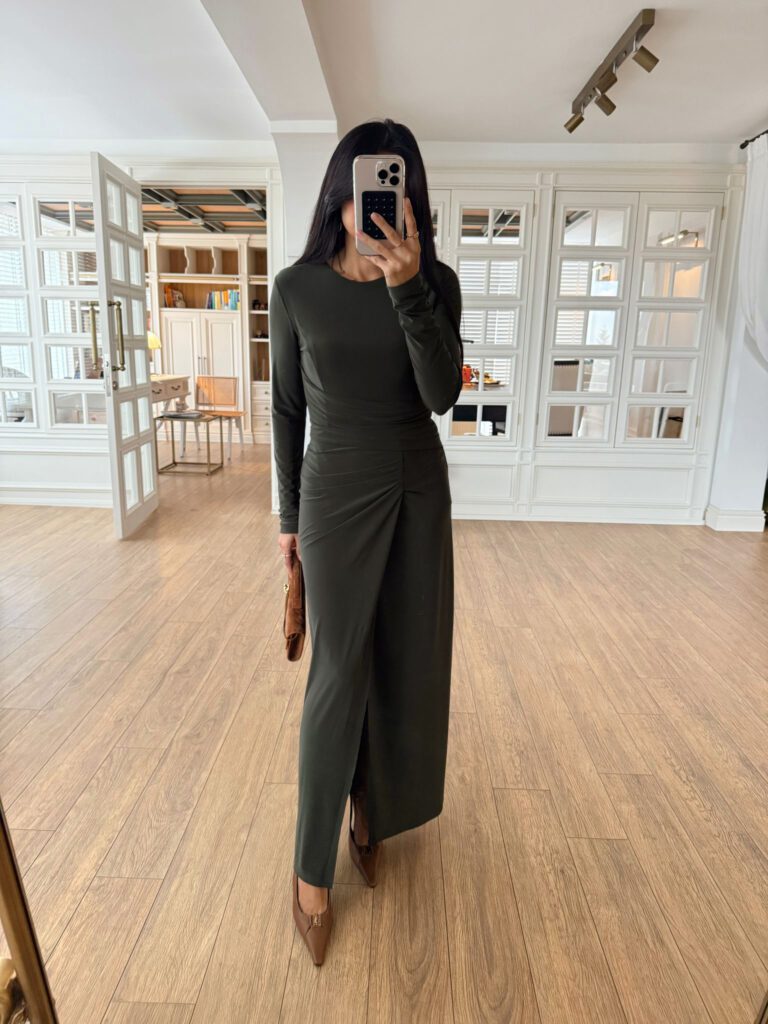 Khaki-Lycra Draped Dress