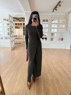 Khaki-Lycra Draped Dress