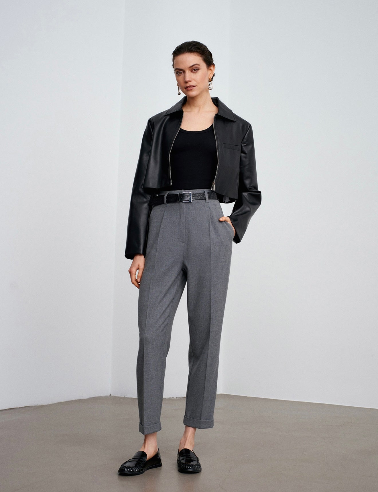 Belted grey trousers