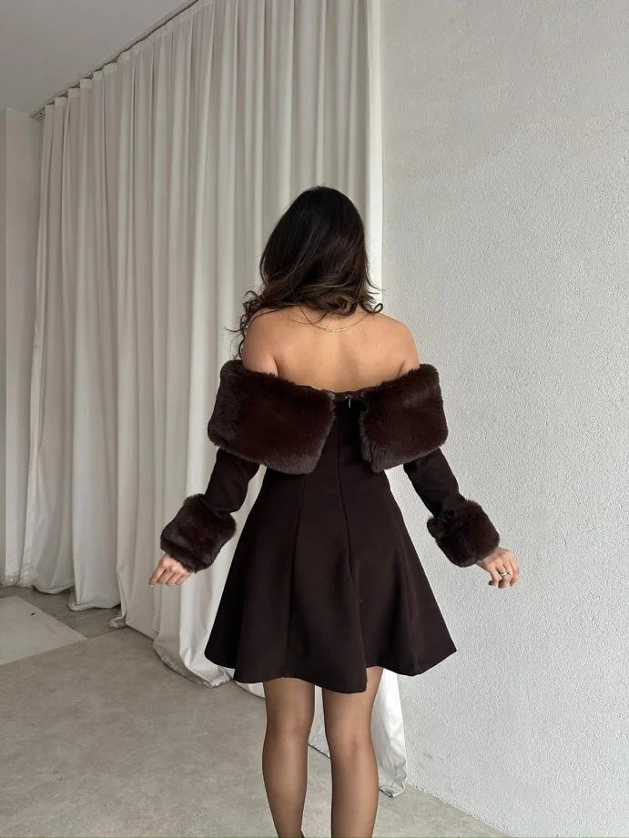 Brown Fur Detailed Dress