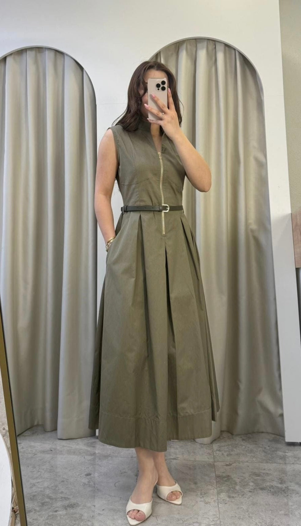 Khaki Dress with Zipper Detail