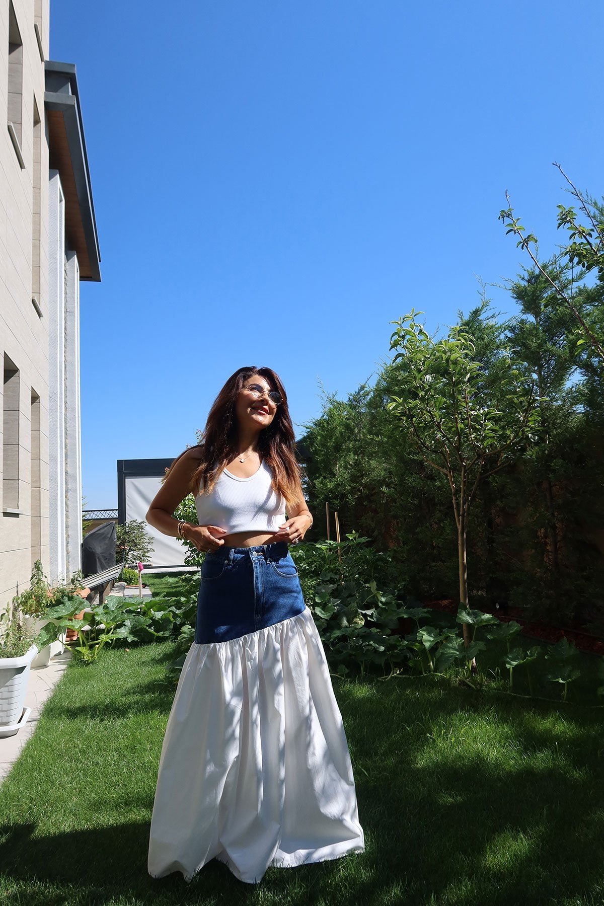 Denim Top - Poplin Bottom Skirt